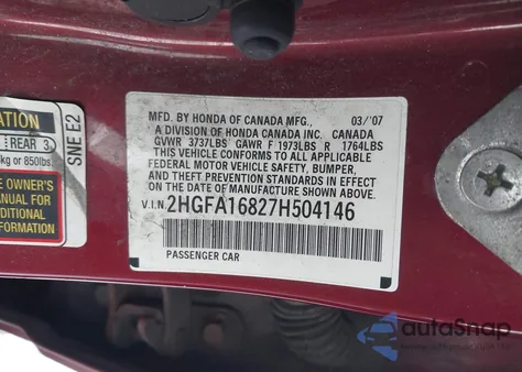 2007 Honda Civic Ex z USA, uszkodzony, nr VIN 2HGFA16827H504146